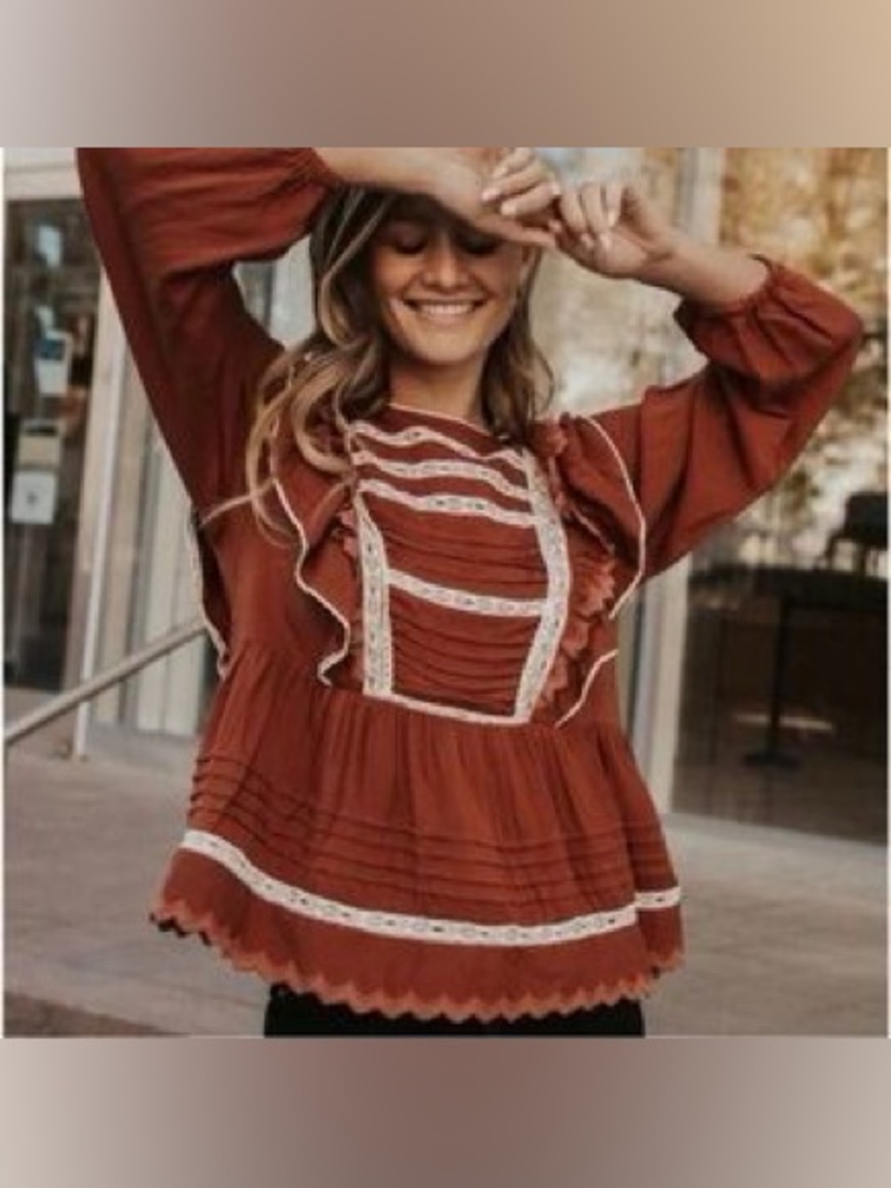 Bohme Rust Lace-Trim Peasant Top